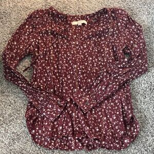 LOFT Maroon Floral Long-Sleeve Peasant Blouse